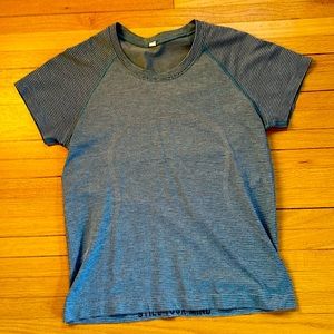 Lululemon blue, black, and grey striped short sleeve shirt